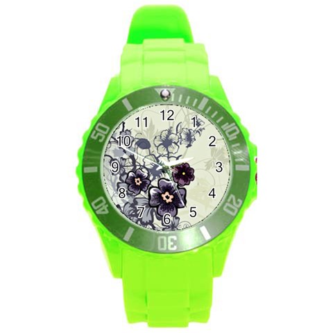 Purple Flower Art Round Plastic Sport Watch (L) from ArtsNow.com Front