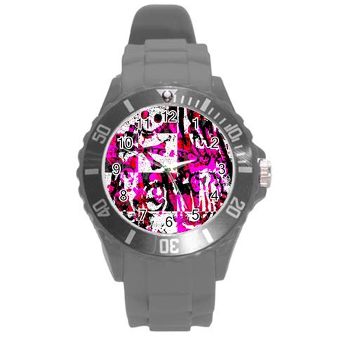 Pink Checker Graffiti Round Plastic Sport Watch (L) from ArtsNow.com Front