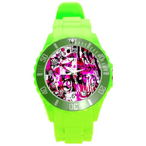 Pink Checker Graffiti Round Plastic Sport Watch (L) from ArtsNow.com Front