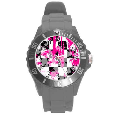 Pink Star Splatter Round Plastic Sport Watch (L) from ArtsNow.com Front