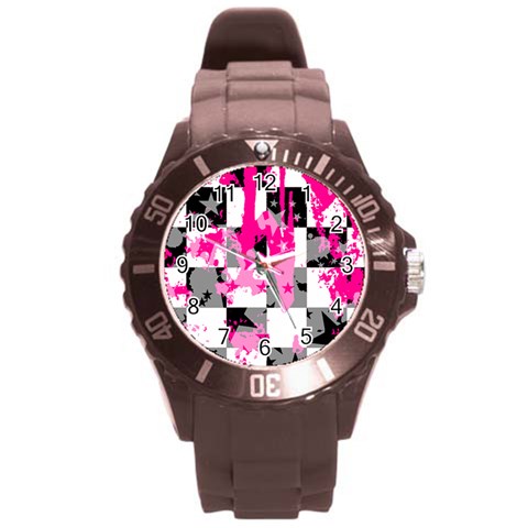 Pink Star Splatter Round Plastic Sport Watch (L) from ArtsNow.com Front