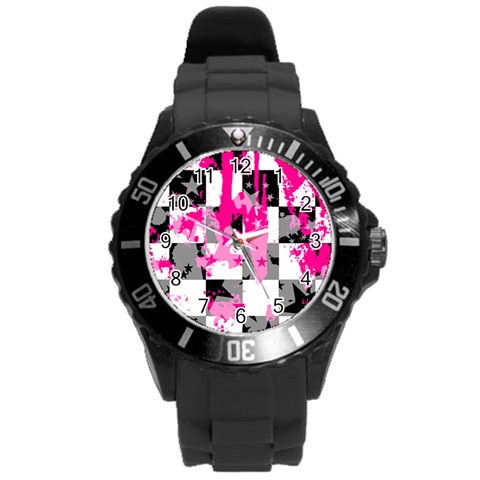 Pink Star Splatter Round Plastic Sport Watch (L) from ArtsNow.com Front