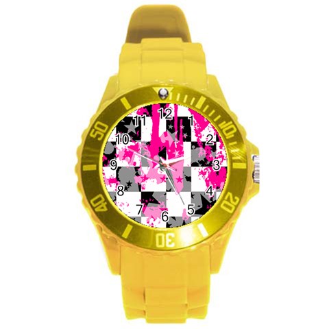 Pink Star Splatter Round Plastic Sport Watch (L) from ArtsNow.com Front