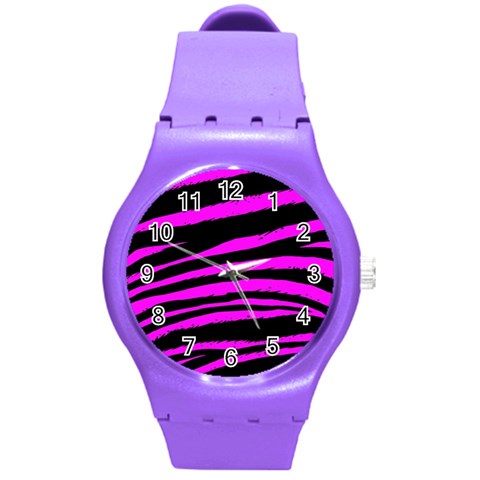 Pink Zebra Round Plastic Sport Watch (M) from ArtsNow.com Front