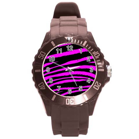 Pink Zebra Round Plastic Sport Watch (L) from ArtsNow.com Front