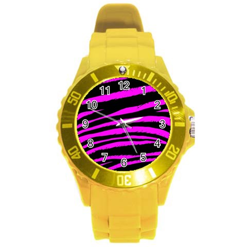 Pink Zebra Round Plastic Sport Watch (L) from ArtsNow.com Front