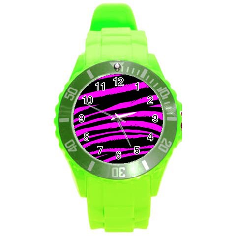 Pink Zebra Round Plastic Sport Watch (L) from ArtsNow.com Front