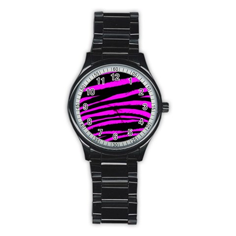 Pink Zebra Stainless Steel Round Watch from ArtsNow.com Front