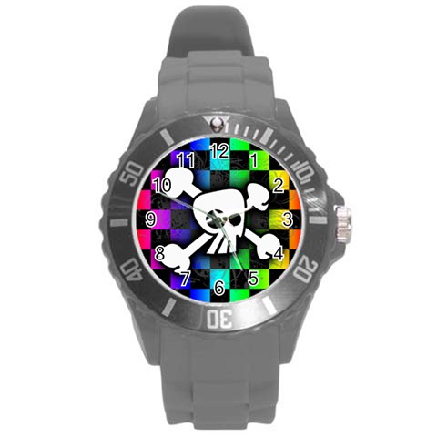 Checker Rainbow Skull Round Plastic Sport Watch (L) from ArtsNow.com Front