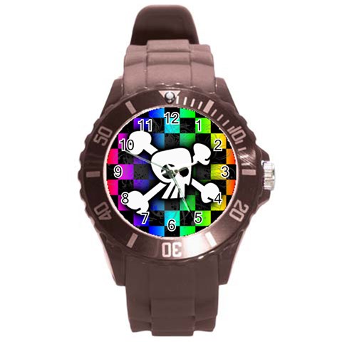 Checker Rainbow Skull Round Plastic Sport Watch (L) from ArtsNow.com Front