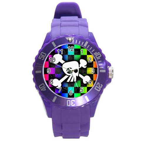 Checker Rainbow Skull Round Plastic Sport Watch (L) from ArtsNow.com Front