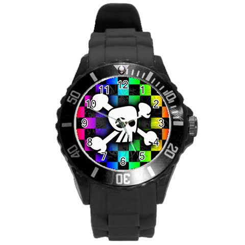 Checker Rainbow Skull Round Plastic Sport Watch (L) from ArtsNow.com Front