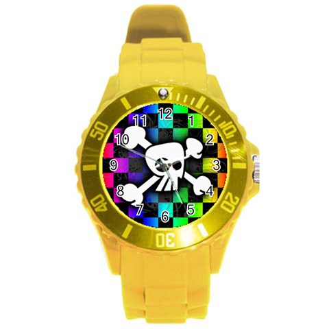 Checker Rainbow Skull Round Plastic Sport Watch (L) from ArtsNow.com Front