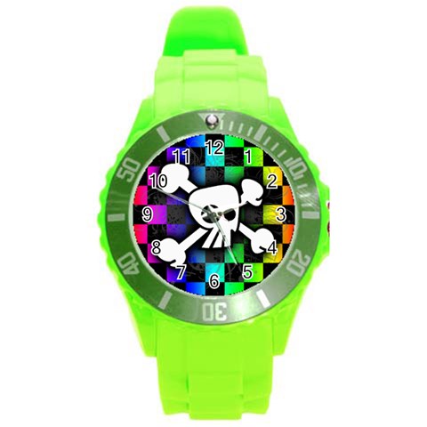 Checker Rainbow Skull Round Plastic Sport Watch (L) from ArtsNow.com Front