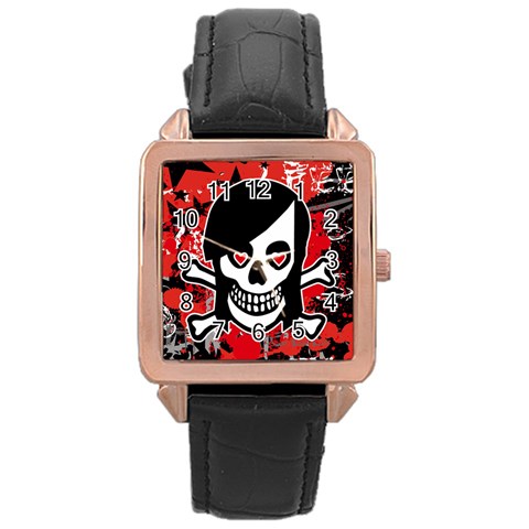 Emo Girl Skull Rose Gold Leather Watch  from ArtsNow.com Front