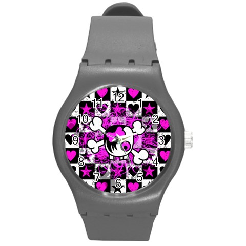 Emo Scene Girl Skull Round Plastic Sport Watch (M) from ArtsNow.com Front