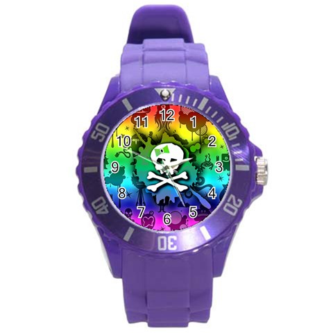 Kawaii Rainbow Skull Round Plastic Sport Watch (L) from ArtsNow.com Front