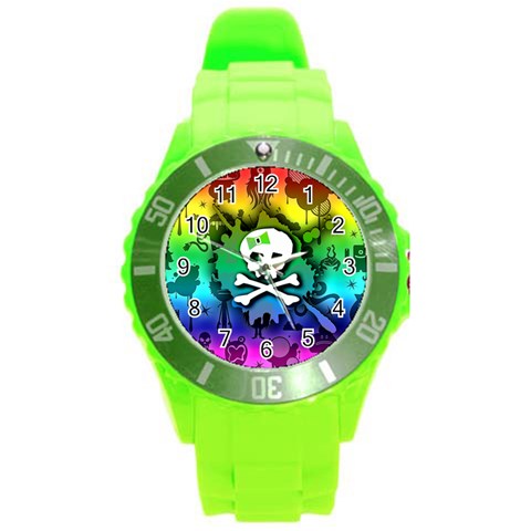 Kawaii Rainbow Skull Round Plastic Sport Watch (L) from ArtsNow.com Front