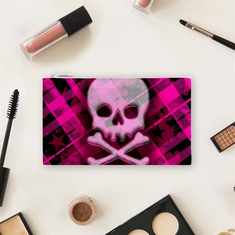 Pink Plaid Skull Cosmetic Bag (Small) from ArtsNow.com Front