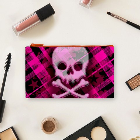 Pink Plaid Skull Cosmetic Bag (Small) from ArtsNow.com Front