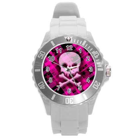 Pink Plaid Skull Round Plastic Sport Watch (L) from ArtsNow.com Front