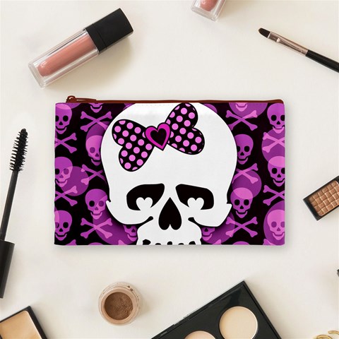 Pink Polka Dot Bow Skull Cosmetic Bag (Medium) from ArtsNow.com Front