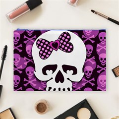 Pink Polka Dot Bow Skull Cosmetic Bag (Large) from ArtsNow.com Front