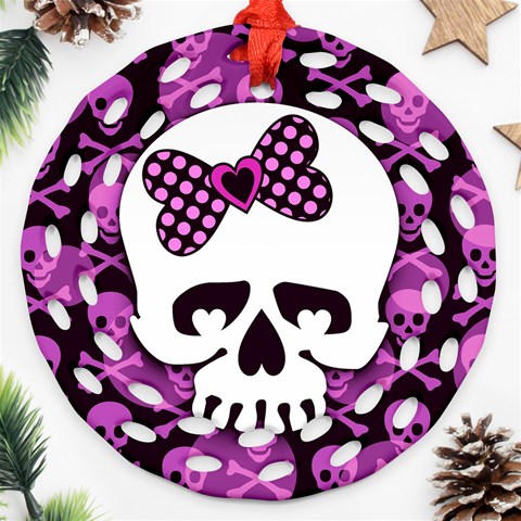 Pink Polka Dot Bow Skull Round Filigree Ornament (Two Sides) from ArtsNow.com Front