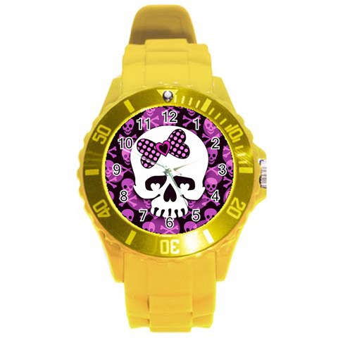 Pink Polka Dot Bow Skull Round Plastic Sport Watch (L) from ArtsNow.com Front