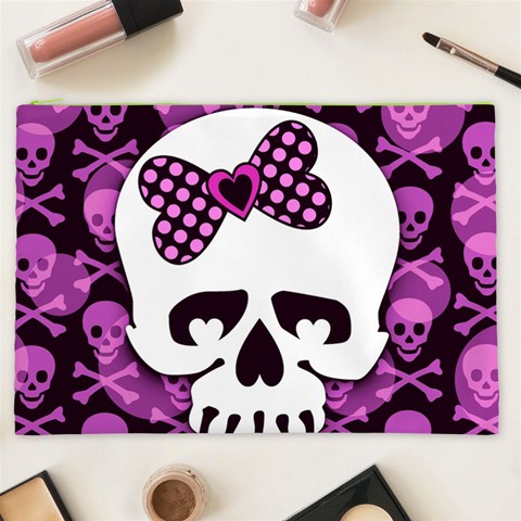 Pink Polka Dot Bow Skull Cosmetic Bag (XXL) from ArtsNow.com Front