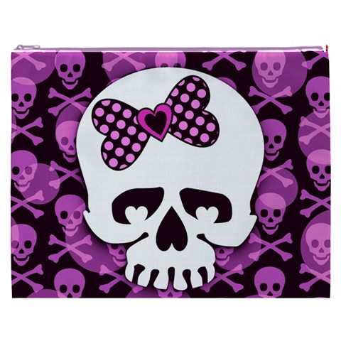 Pink Polka Dot Bow Skull Cosmetic Bag (XXXL) from ArtsNow.com Front