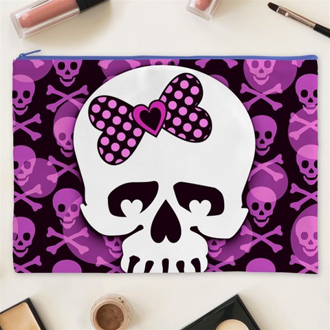 Pink Polka Dot Bow Skull Cosmetic Bag (XXXL) from ArtsNow.com Front