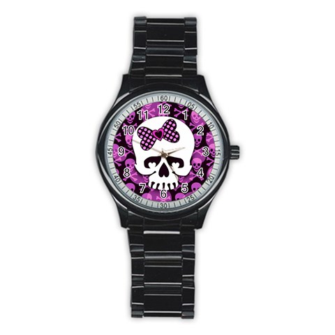 Pink Polka Dot Bow Skull Stainless Steel Round Watch from ArtsNow.com Front