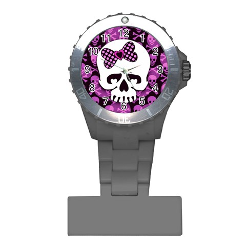 Pink Polka Dot Bow Skull Plastic Nurses Watch from ArtsNow.com Front