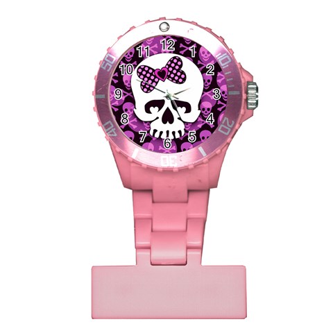 Pink Polka Dot Bow Skull Plastic Nurses Watch from ArtsNow.com Front