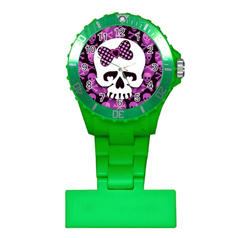 Pink Polka Dot Bow Skull Plastic Nurses Watch from ArtsNow.com Front