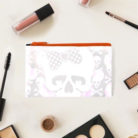 Pink Polka Dot Bow Skull Cosmetic Bag (XS) from ArtsNow.com Front