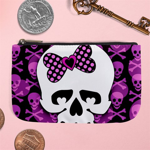 Pink Polka Dot Bow Skull Large Coin Purse from ArtsNow.com Front