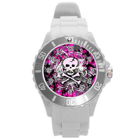 Pink Skull Splatter Round Plastic Sport Watch (L) from ArtsNow.com Front