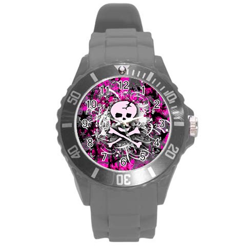 Pink Skull Splatter Round Plastic Sport Watch (L) from ArtsNow.com Front