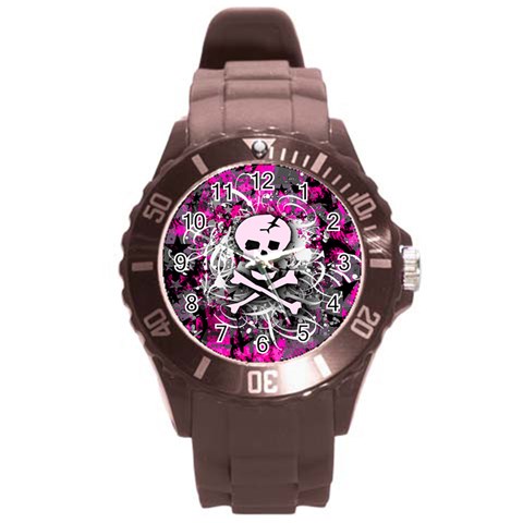 Pink Skull Splatter Round Plastic Sport Watch (L) from ArtsNow.com Front