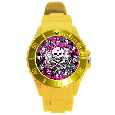 Pink Skull Splatter Round Plastic Sport Watch (L) from ArtsNow.com Front