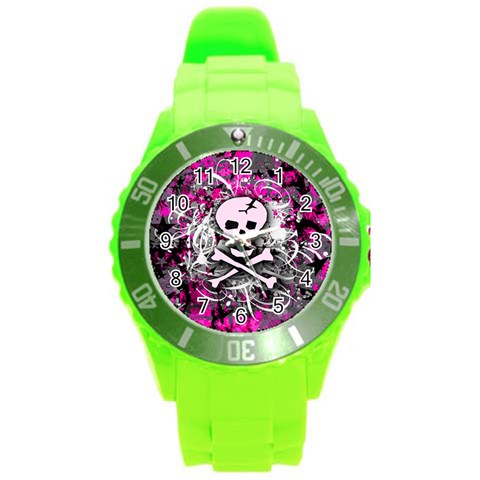 Pink Skull Splatter Round Plastic Sport Watch (L) from ArtsNow.com Front