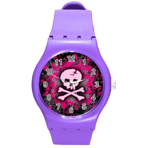 Pink Skull Star Splatter Round Plastic Sport Watch (M) from ArtsNow.com Front