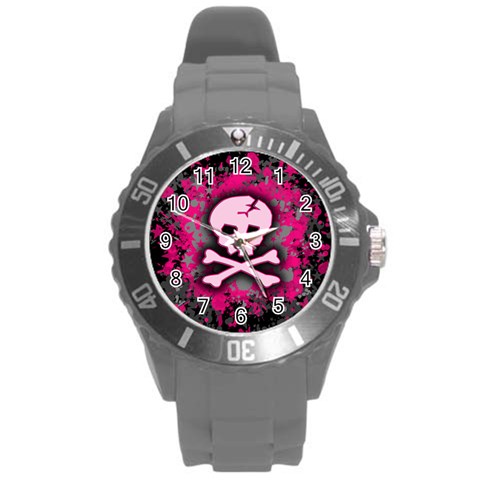 Pink Skull Star Splatter Round Plastic Sport Watch (L) from ArtsNow.com Front