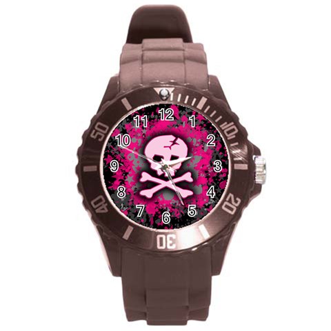 Pink Skull Star Splatter Round Plastic Sport Watch (L) from ArtsNow.com Front