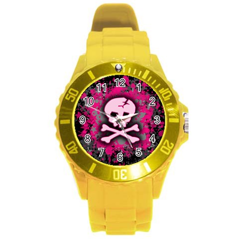 Pink Skull Star Splatter Round Plastic Sport Watch (L) from ArtsNow.com Front