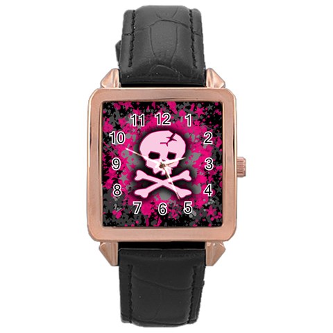 Pink Skull Star Splatter Rose Gold Leather Watch  from ArtsNow.com Front