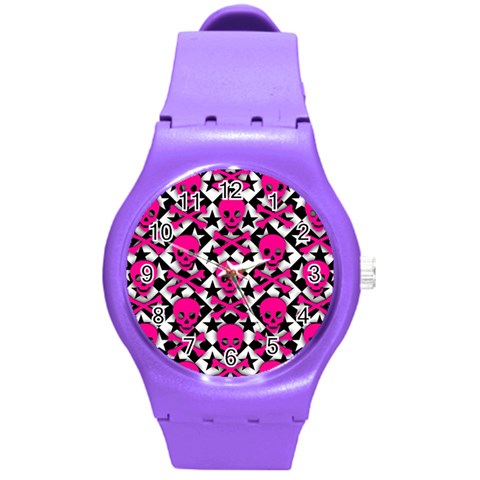 Pink Skulls & Stars Round Plastic Sport Watch (M) from ArtsNow.com Front