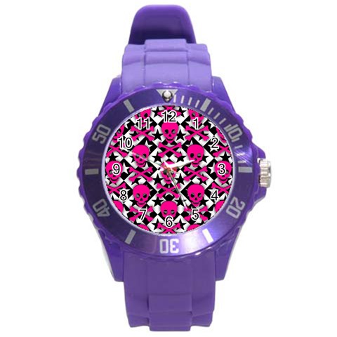 Pink Skulls & Stars Round Plastic Sport Watch (L) from ArtsNow.com Front